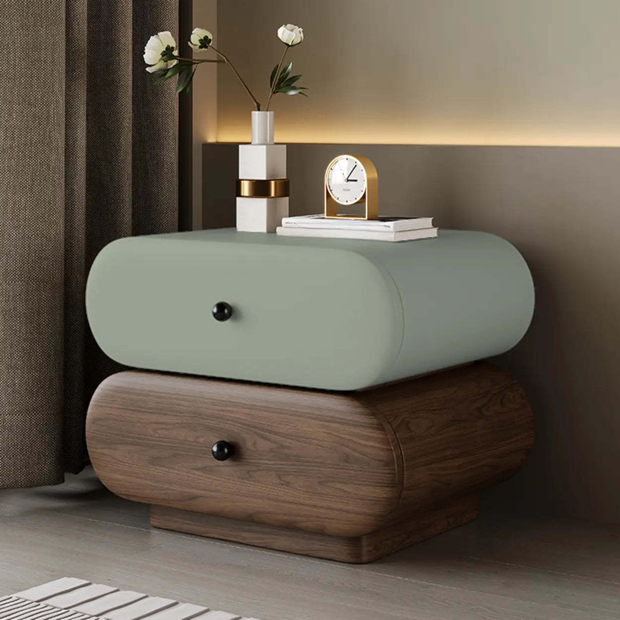 Modern White Brown Oval Nightstand with Drawers — Walnut/ Orange
