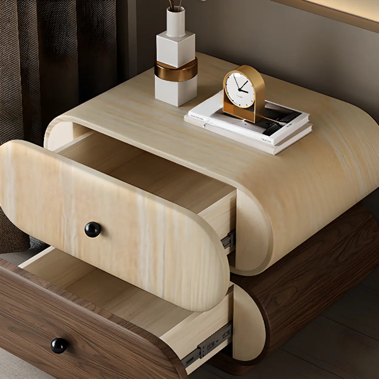 Modern White Brown Oval Nightstand with Drawers — Walnut/ Light Gray