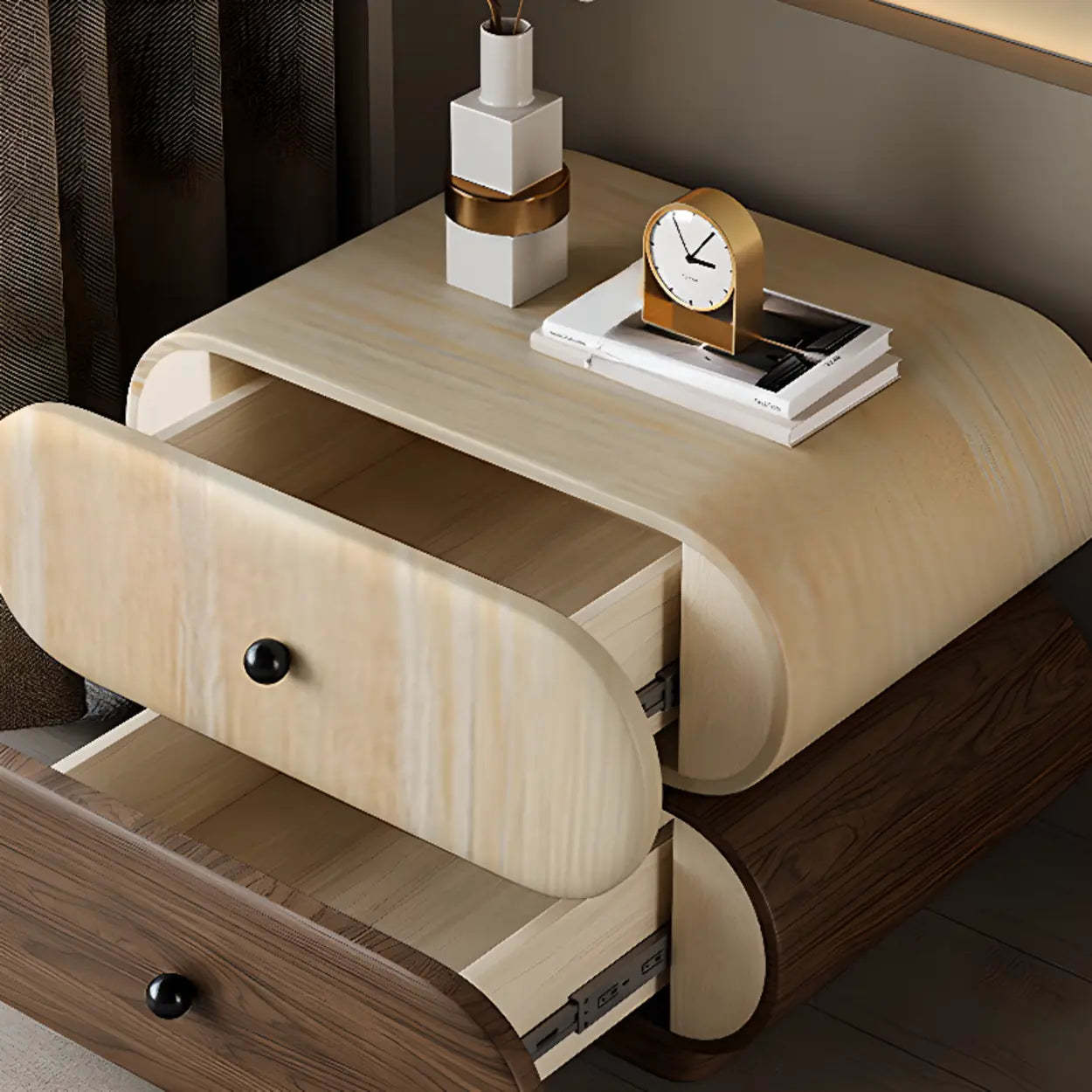 Modern White Brown Oval Nightstand with Drawers — Walnut/ Light Gray