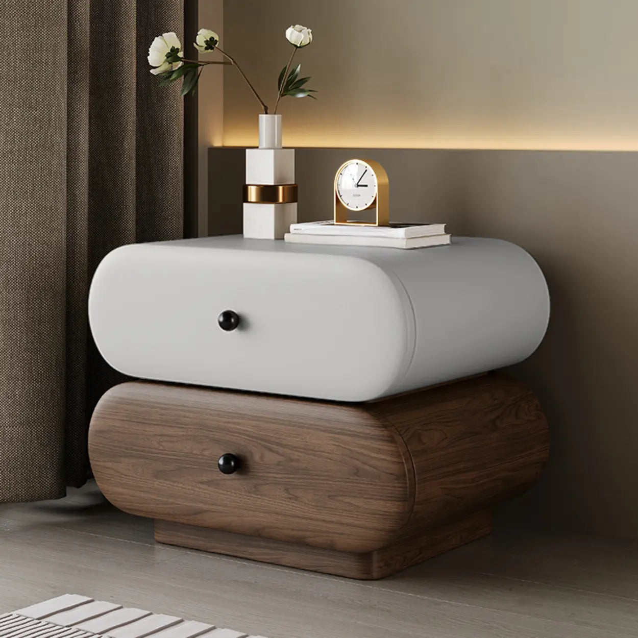 Modern White Brown Oval Nightstand with Drawers — Walnut/ Beige