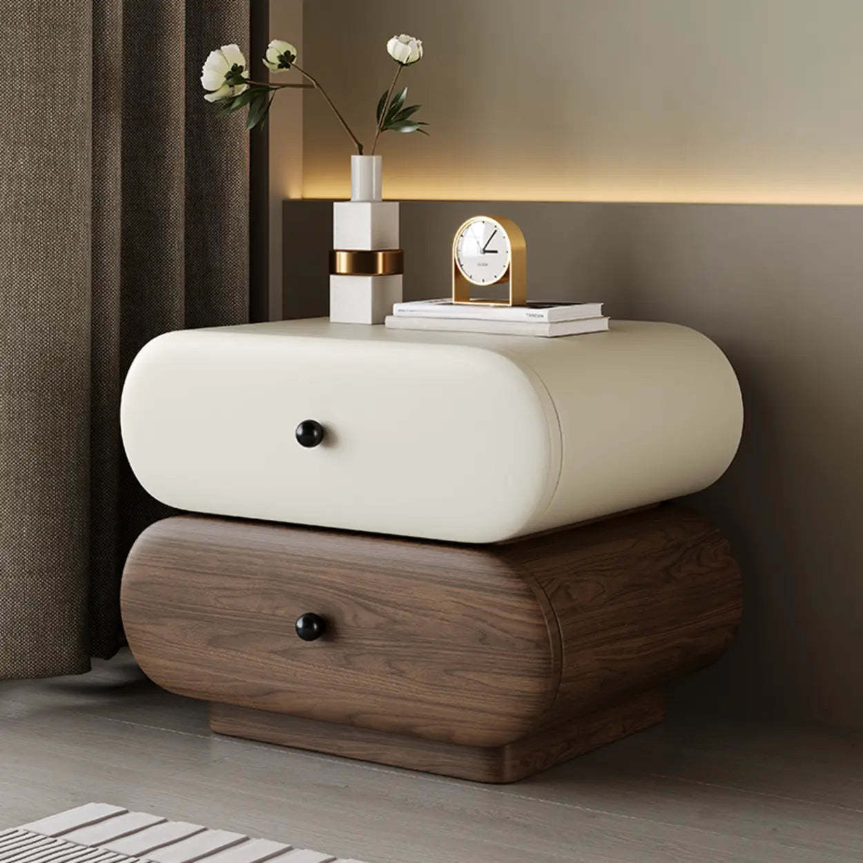 Modern White Brown Oval Nightstand with Drawers