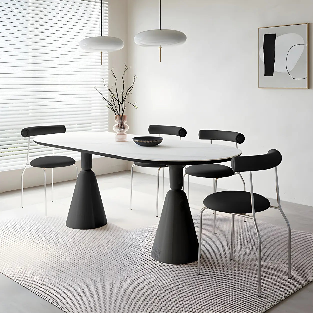 Modern White Oval Double-Pedestal Stone Dining Table