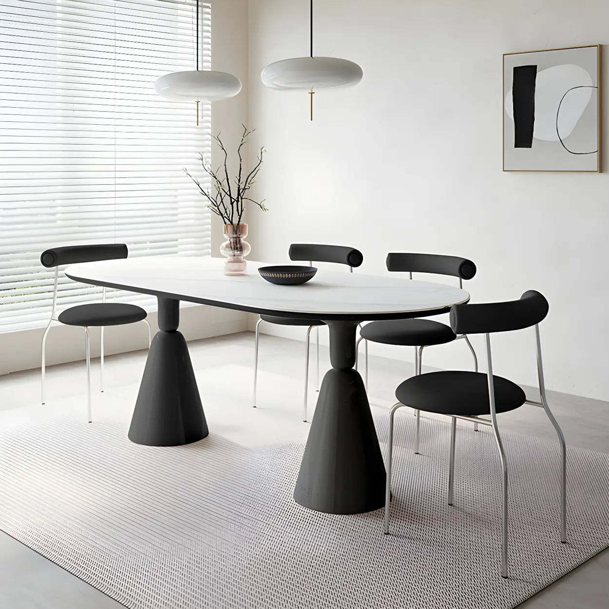 Modern White Oval Double-Pedestal Stone Dining Table — Table Only