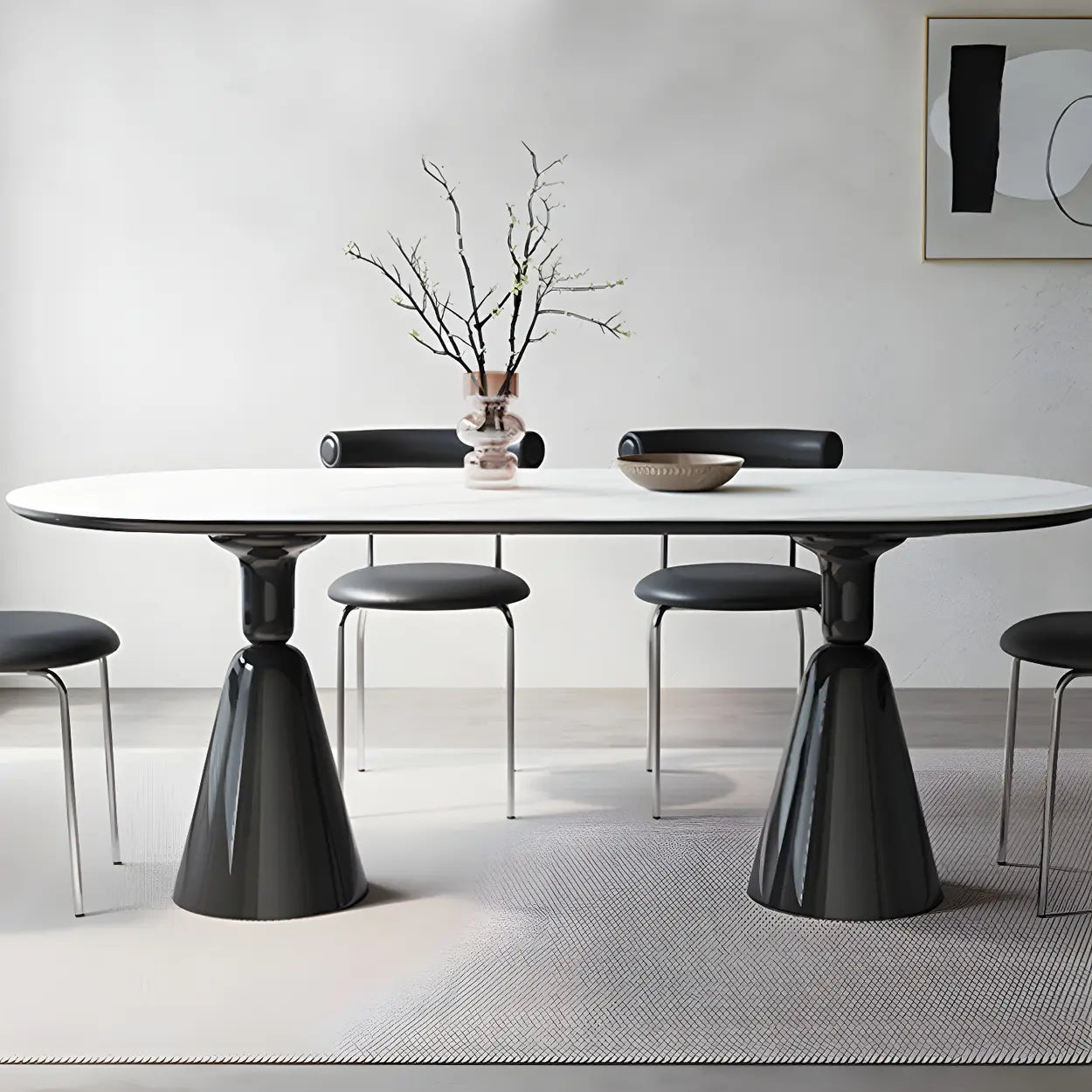 Modern White Oval Double-Pedestal Stone Dining Table — Table Only