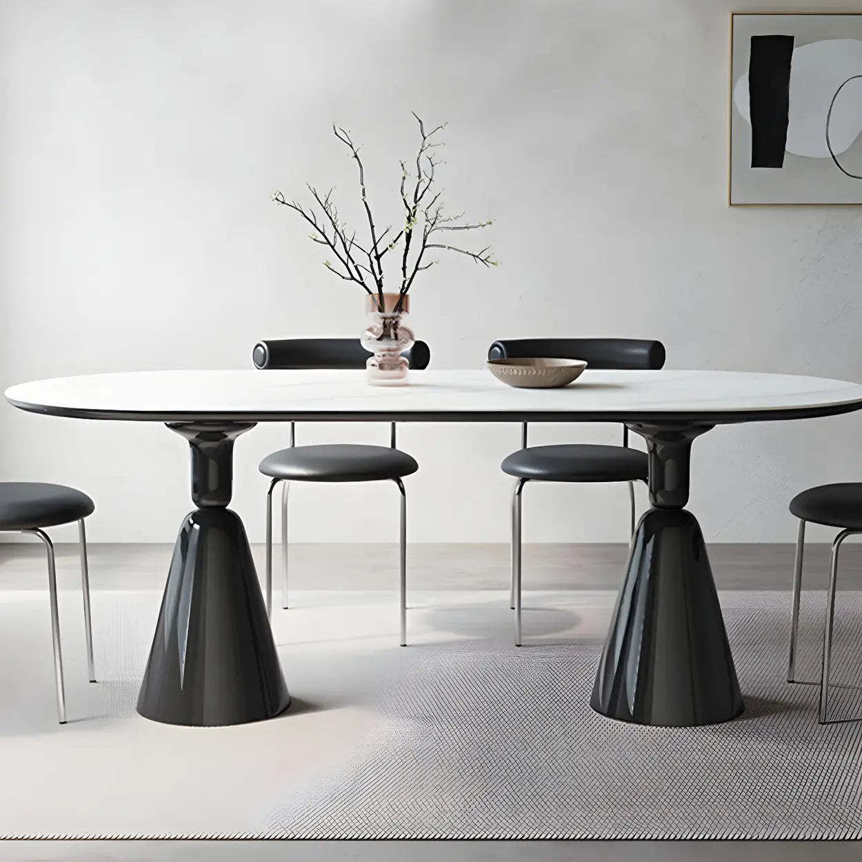 Modern White Oval Double-Pedestal Stone Dining Table — Table Only