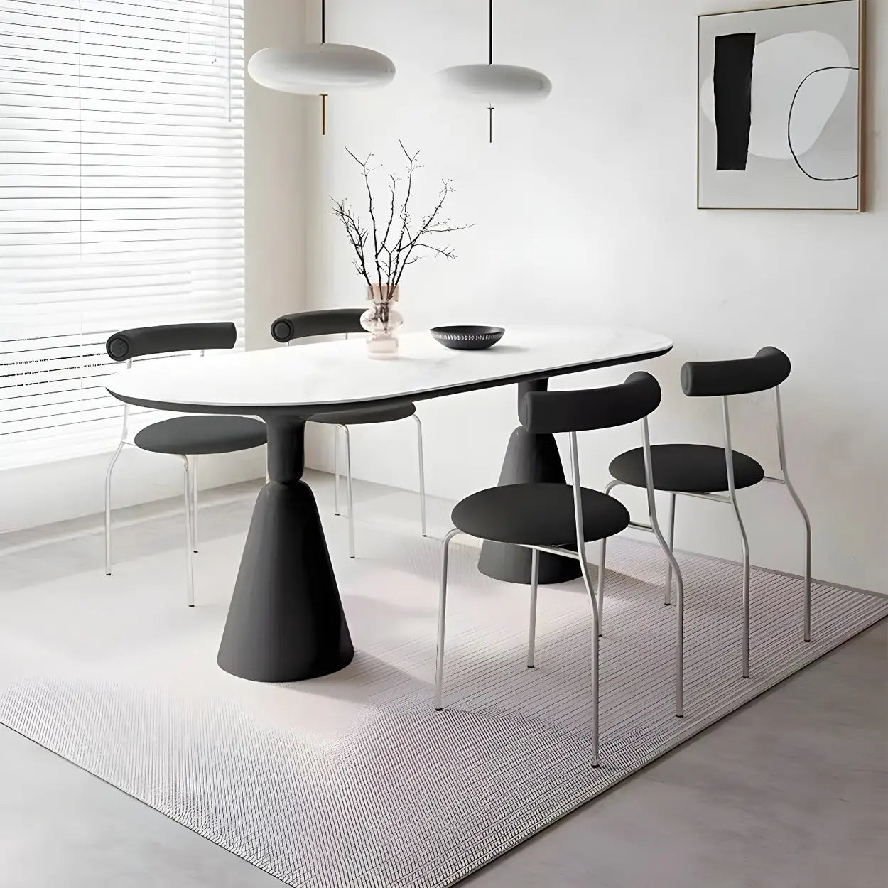Modern White Oval Double-Pedestal Stone Dining Table — Table Only