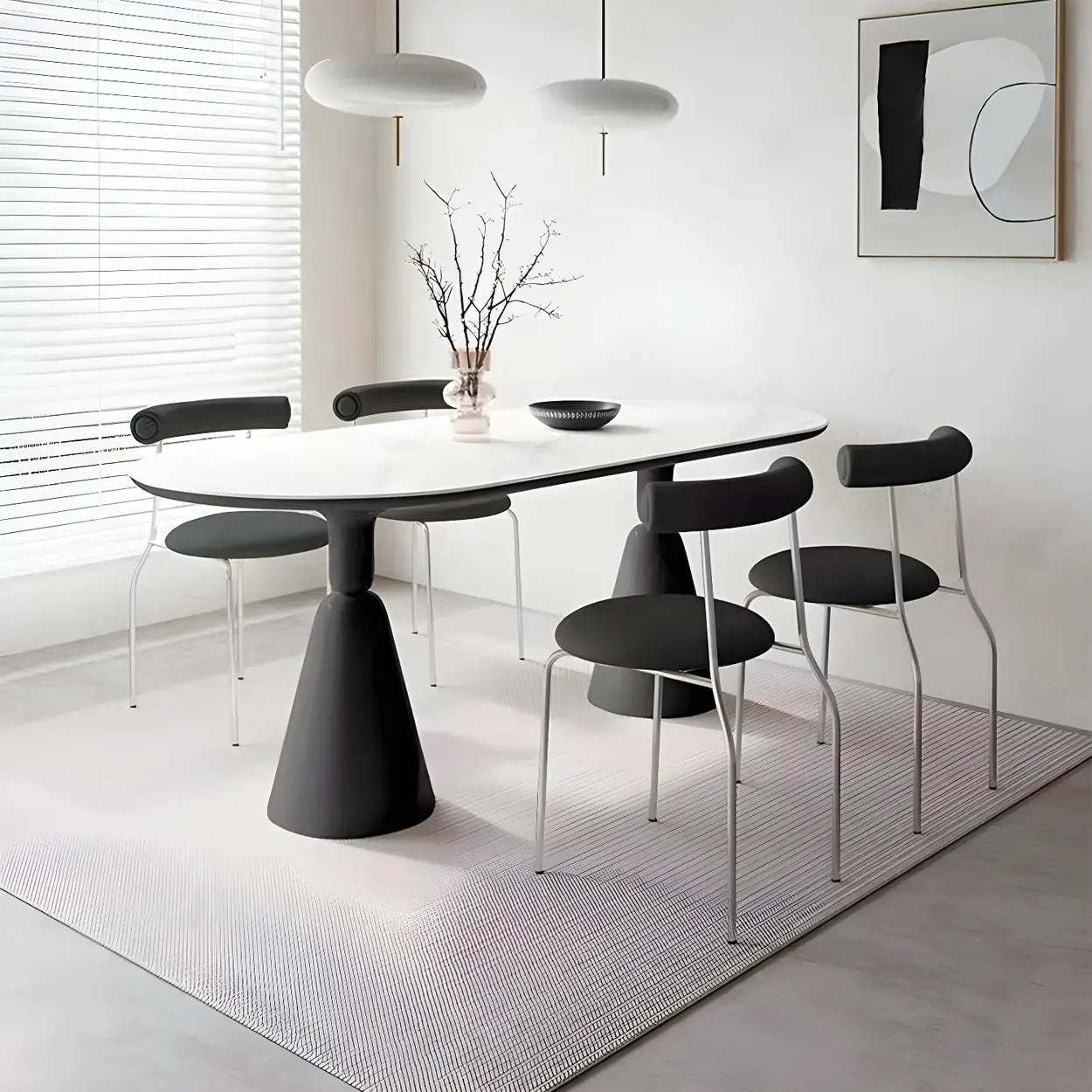 Modern White Oval Double-Pedestal Stone Dining Table — Table Only