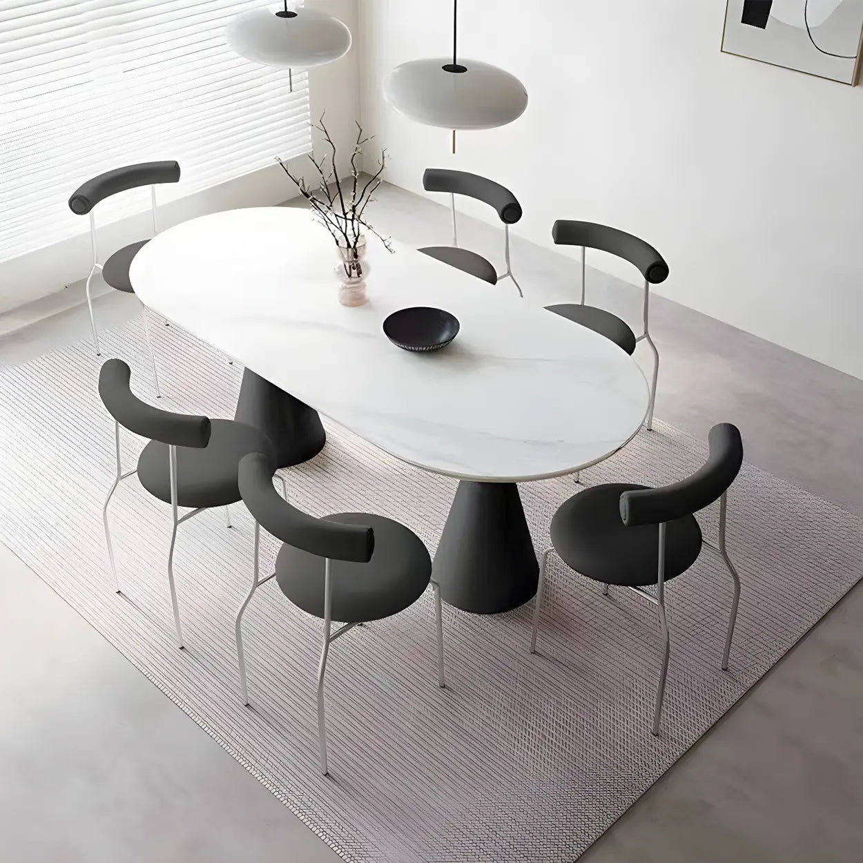 Modern White Oval Double-Pedestal Stone Dining Table — Table Only