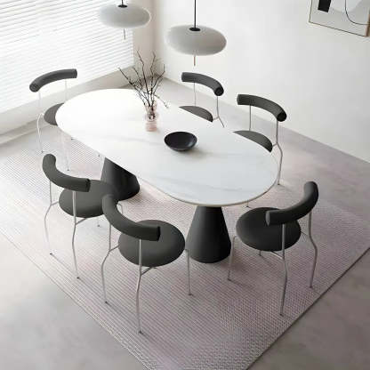 Modern White Oval Double-Pedestal Stone Dining Table — Table Only