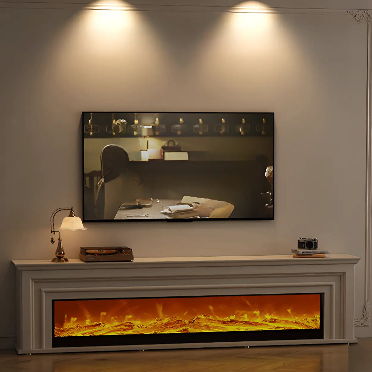 Modern White Electric Fireplace TV Stand with LED Flames