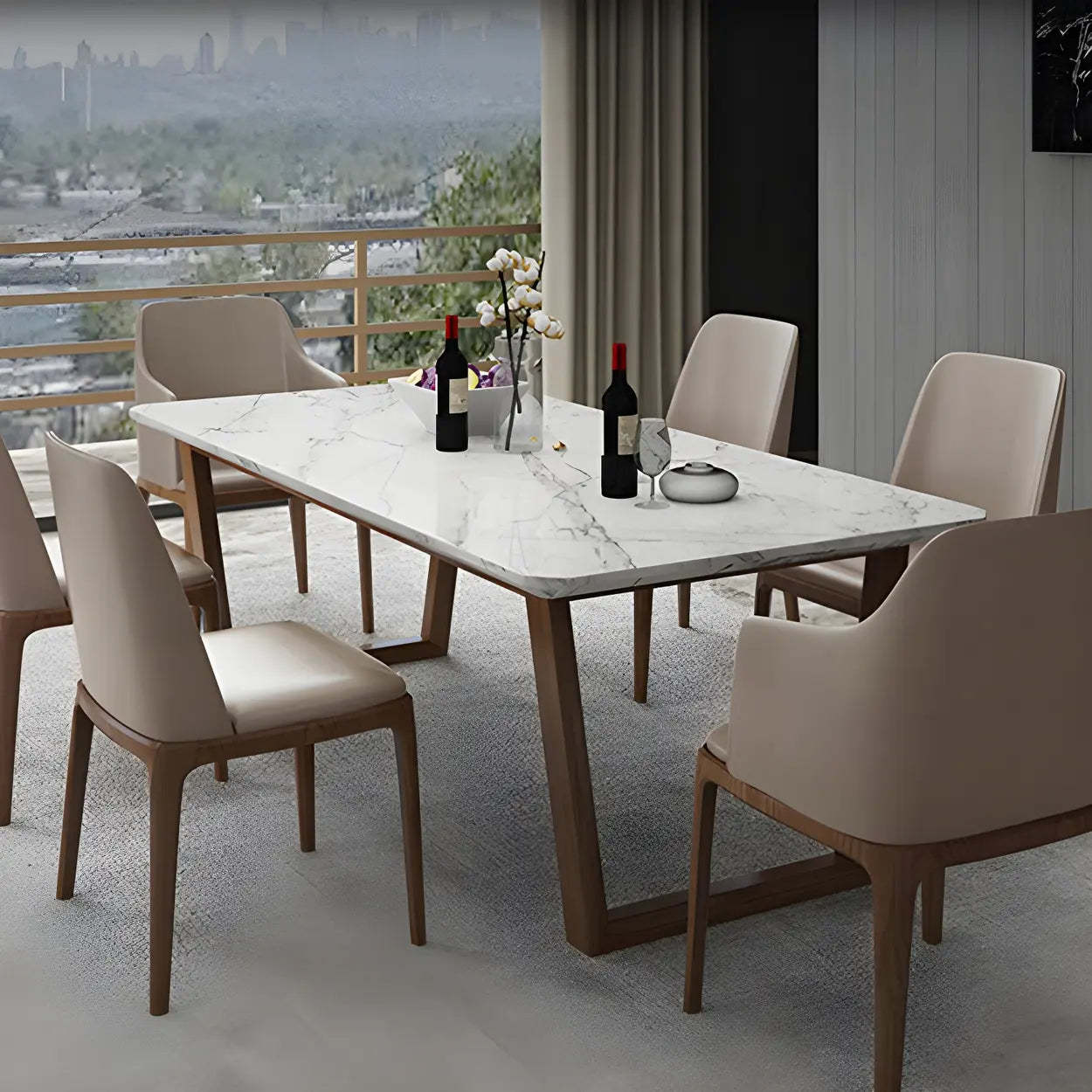 Modern Elegant Rectangular White Stone Dining Table — Black / Table Only