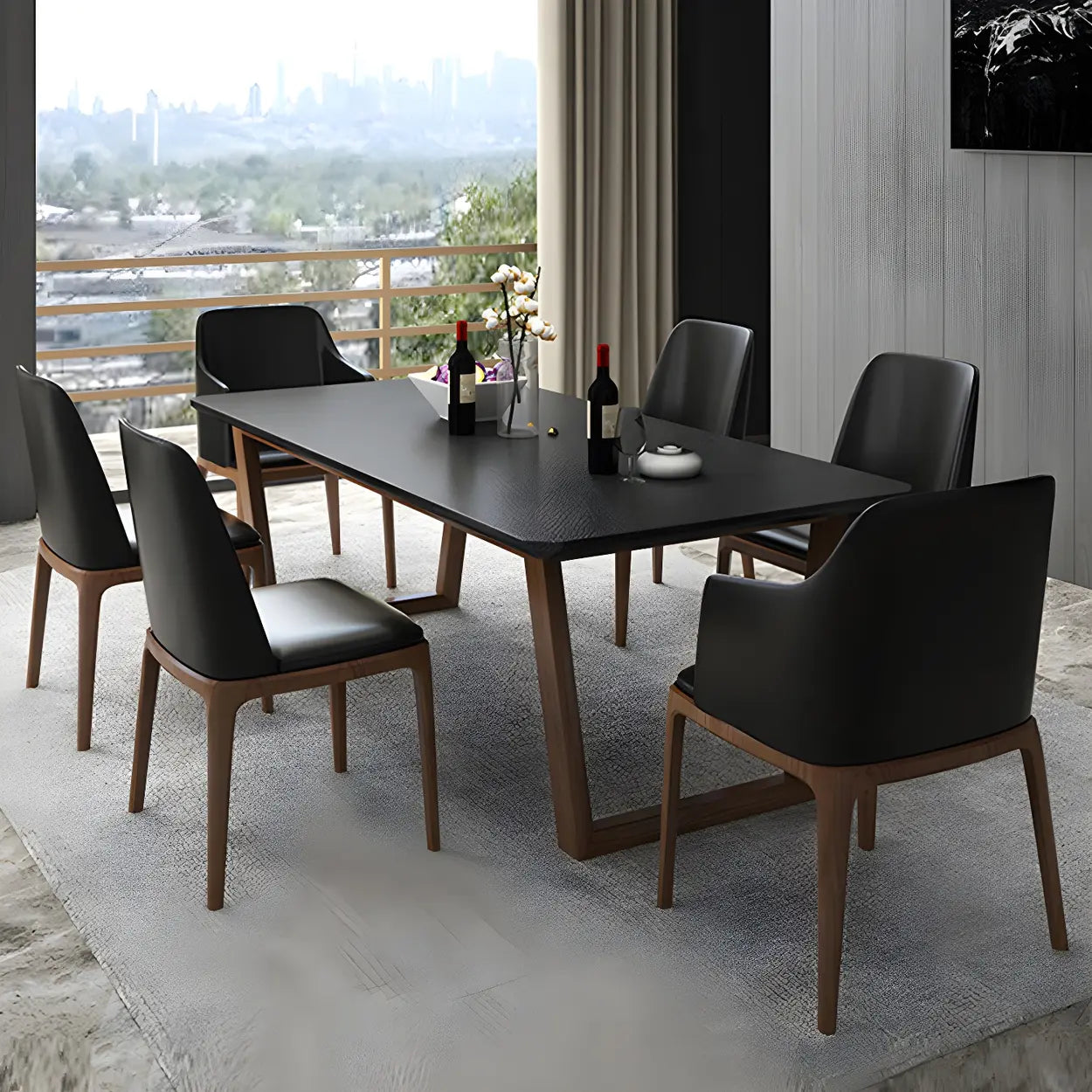 Modern Elegant Rectangular White Stone Dining Table — Black / Table Only