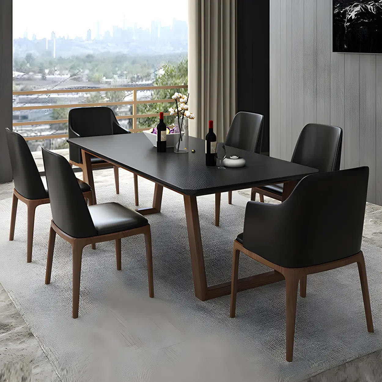 Modern Elegant Rectangular White Stone Dining Table — Black / Table Only