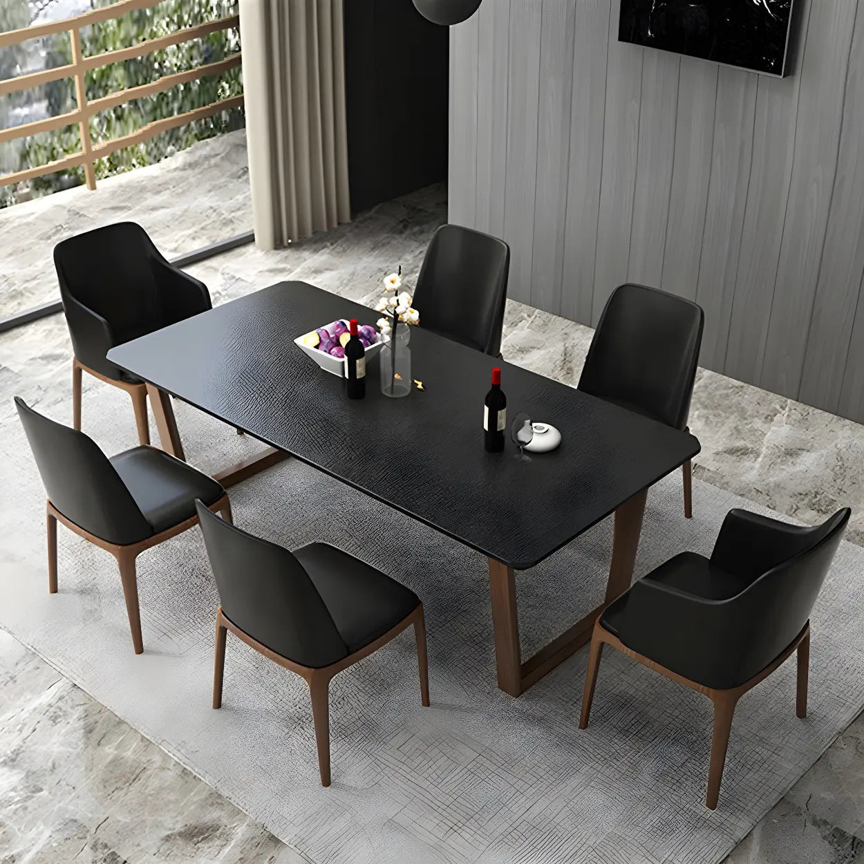 Modern Elegant Rectangular White Stone Dining Table — Black / Table Only