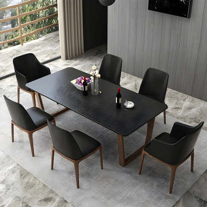 Modern Elegant Rectangular White Stone Dining Table — Black / Table Only