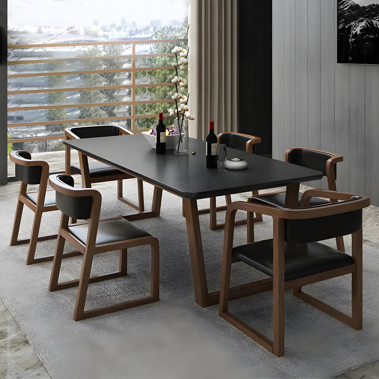 Modern Elegant Rectangular White Stone Dining Table — Black / Table Only