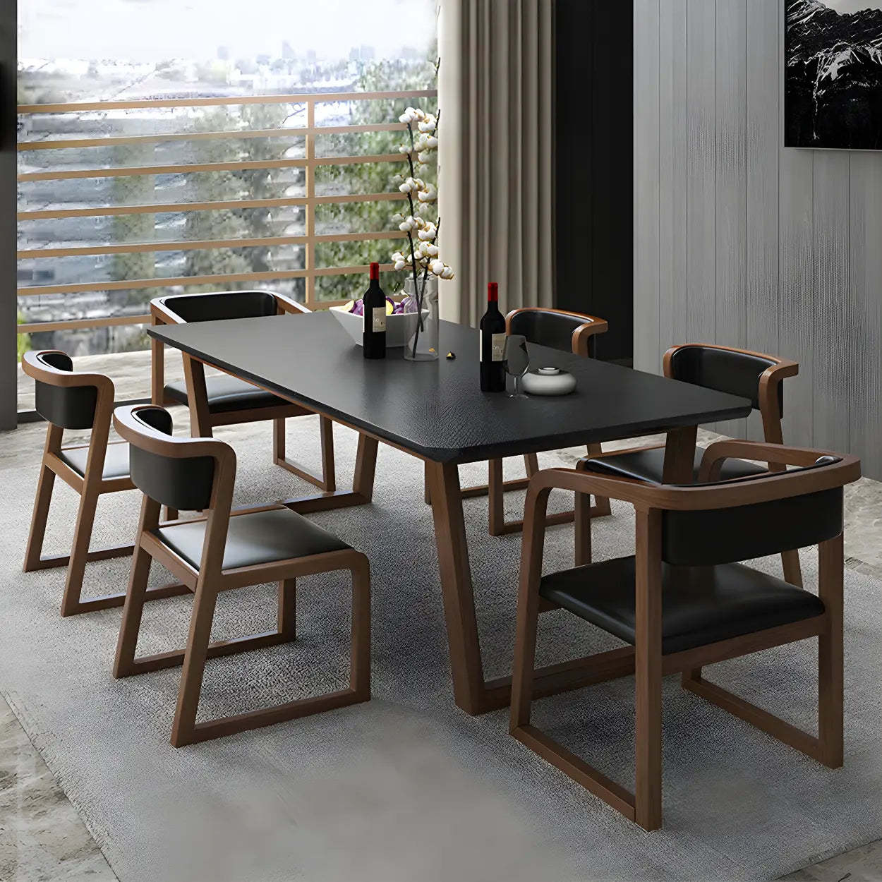 Modern Elegant Rectangular White Stone Dining Table — Black / Table Only