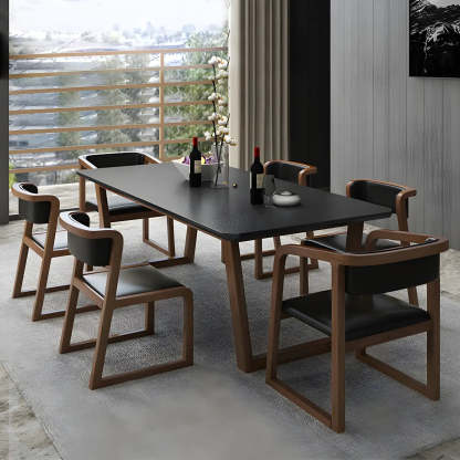 Modern Elegant Rectangular White Stone Dining Table — Black / Table Only