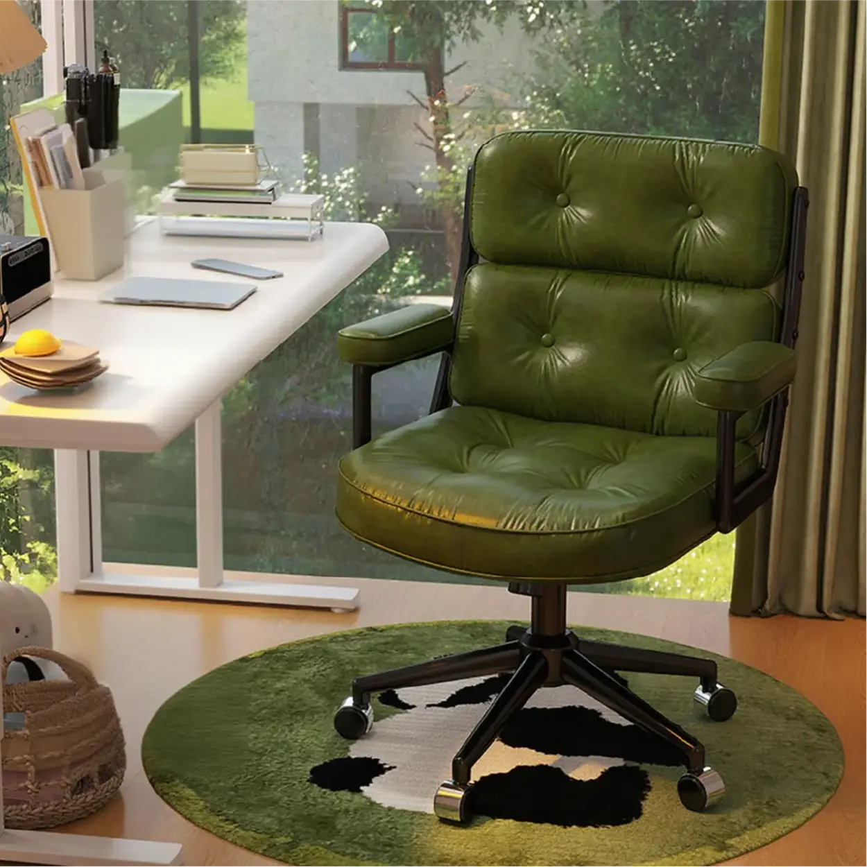Modern White Leather Swivel Ergonomic Office Chair — Off-white / Silver / Sponge
