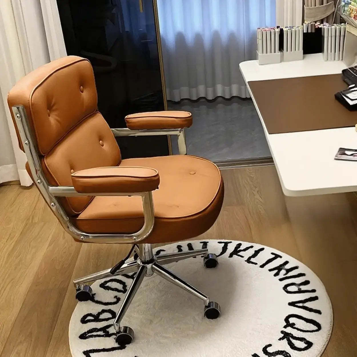 Modern White Leather Swivel Ergonomic Office Chair — Coffee / Silver / Latex