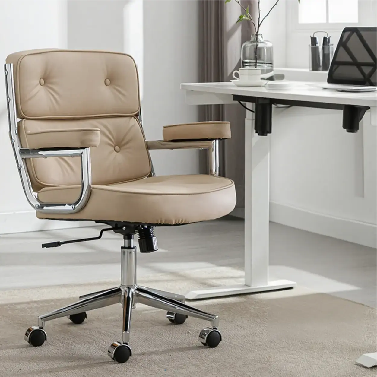 Modern White Leather Swivel Ergonomic Office Chair — Coffee / Silver / Sponge