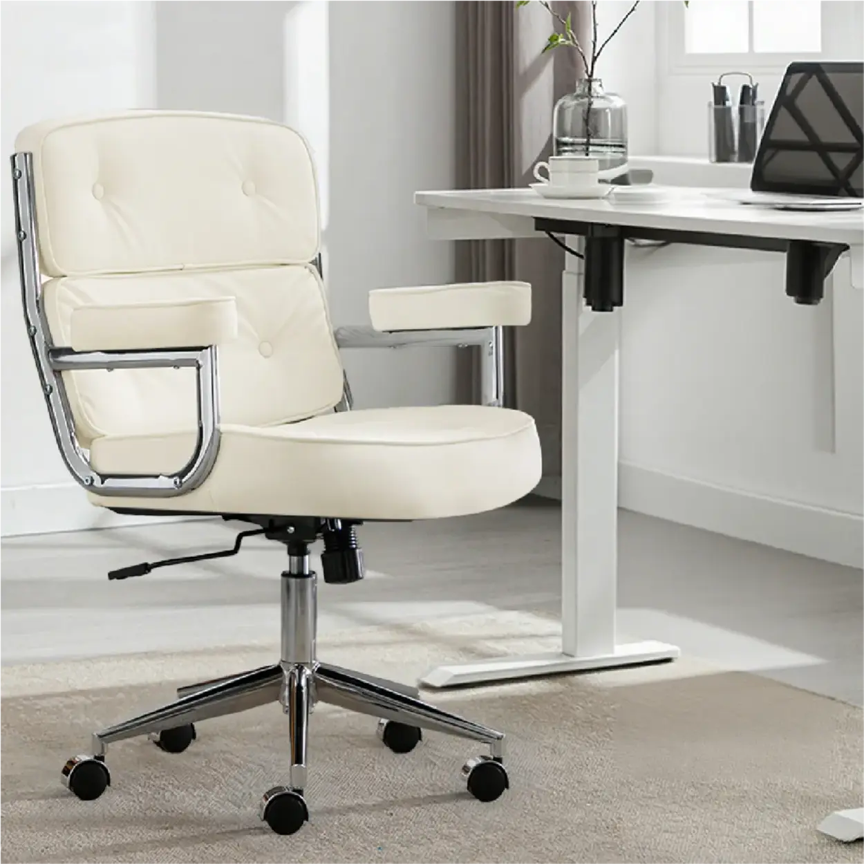 Modern White Leather Swivel Ergonomic Office Chair — Coffee / Black / Latex