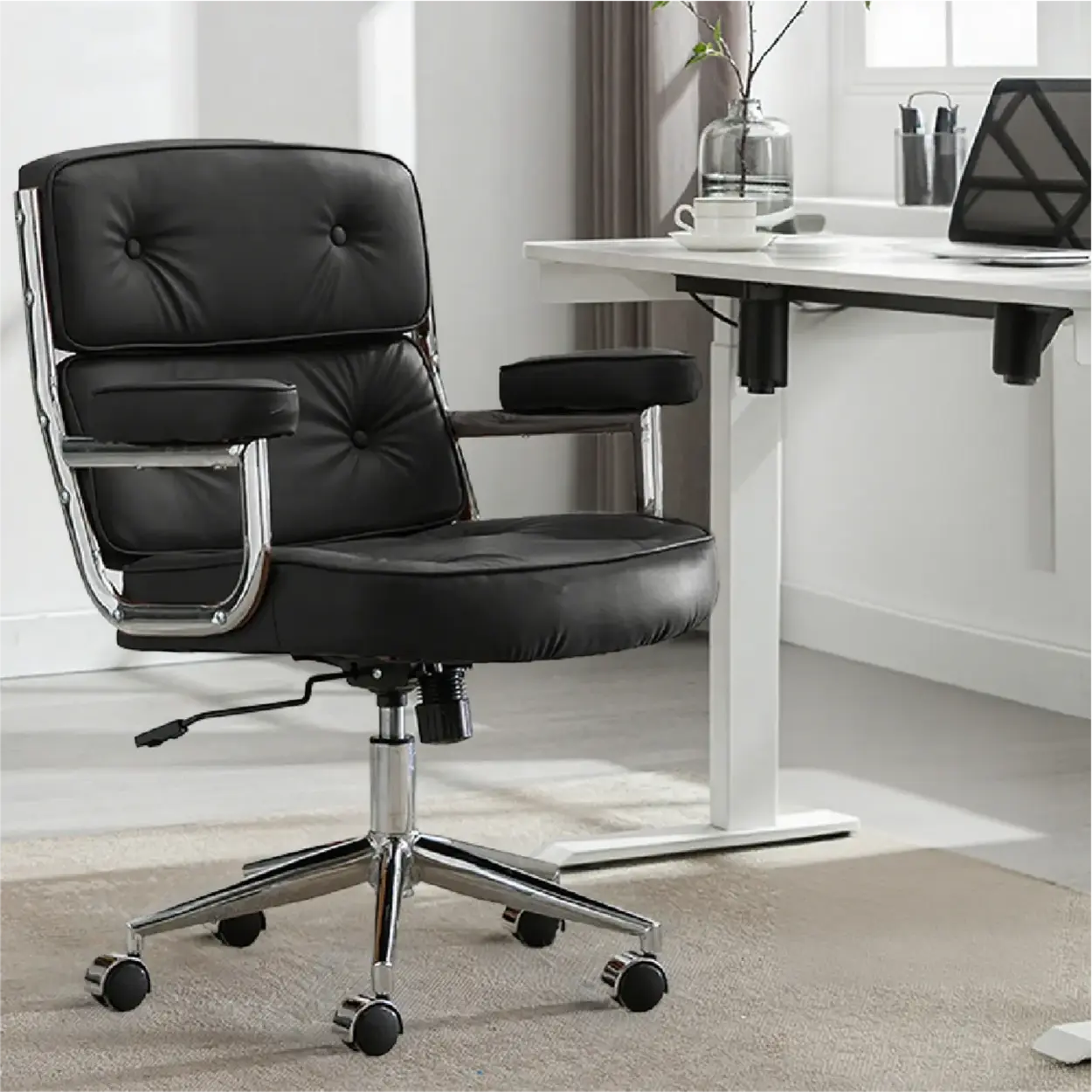 Modern White Leather Swivel Ergonomic Office Chair — Coffee / Black / Sponge