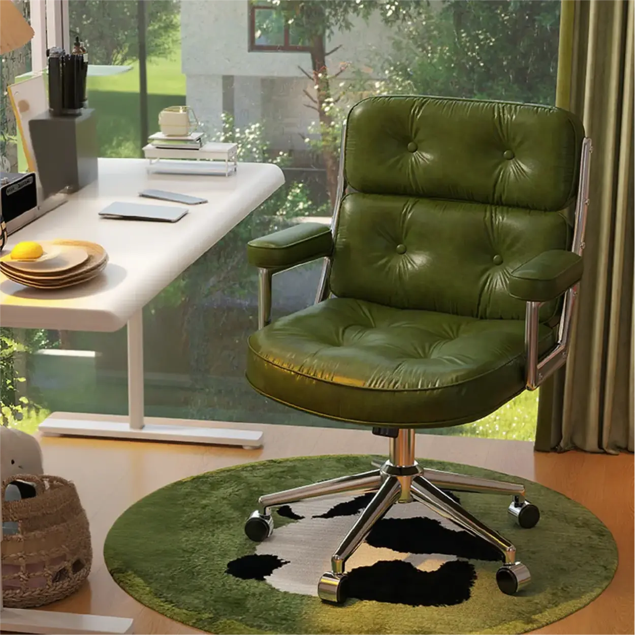 Modern White Leather Swivel Ergonomic Office Chair — Khaki / Silver / Latex