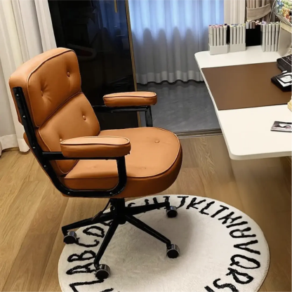 Modern White Leather Swivel Ergonomic Office Chair — Khaki / Silver / Sponge
