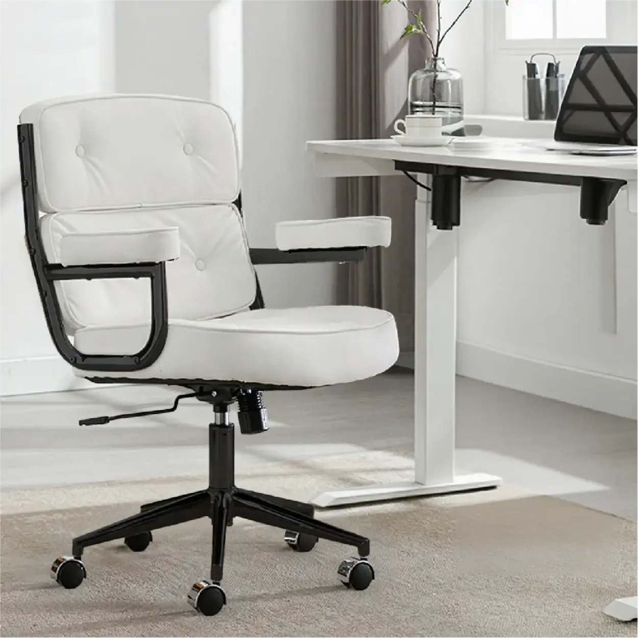 Modern White Leather Swivel Ergonomic Office Chair — Khaki / Black / Sponge