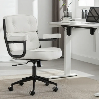 Modern White Leather Swivel Ergonomic Office Chair — Khaki / Black / Sponge