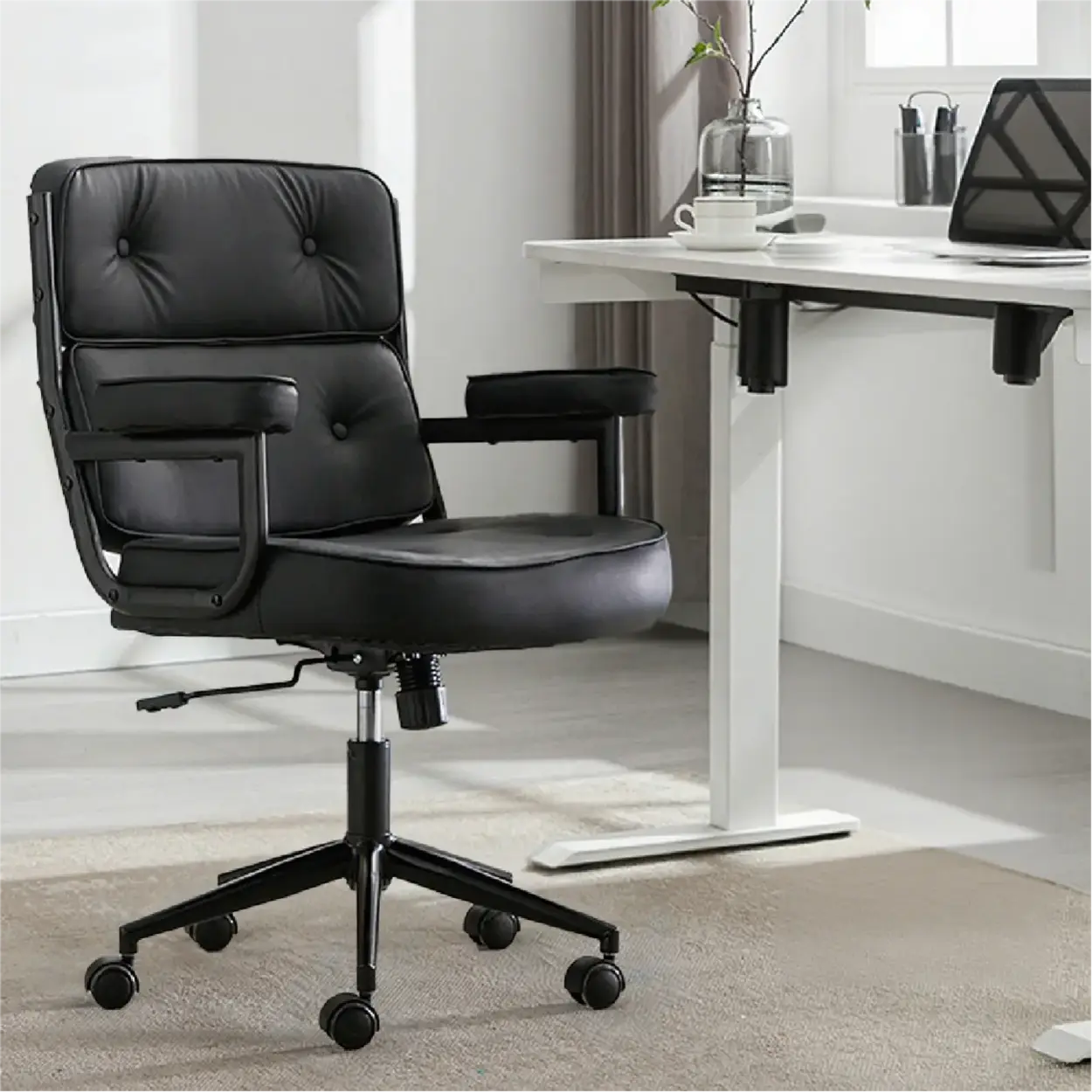 Modern White Leather Swivel Ergonomic Office Chair — Off-white / Silver / Latex