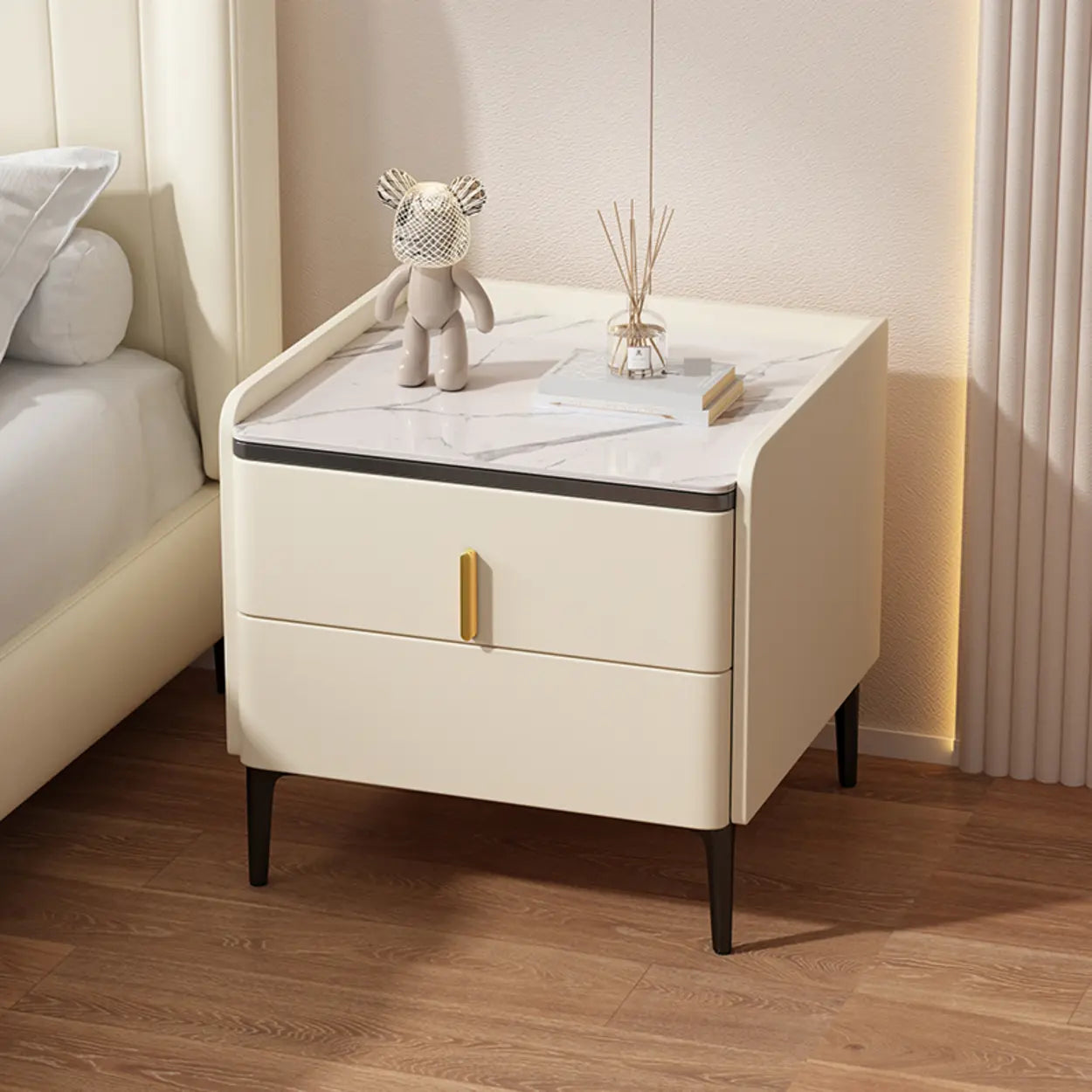 Modern White Stone Top Storage Nightstand — White