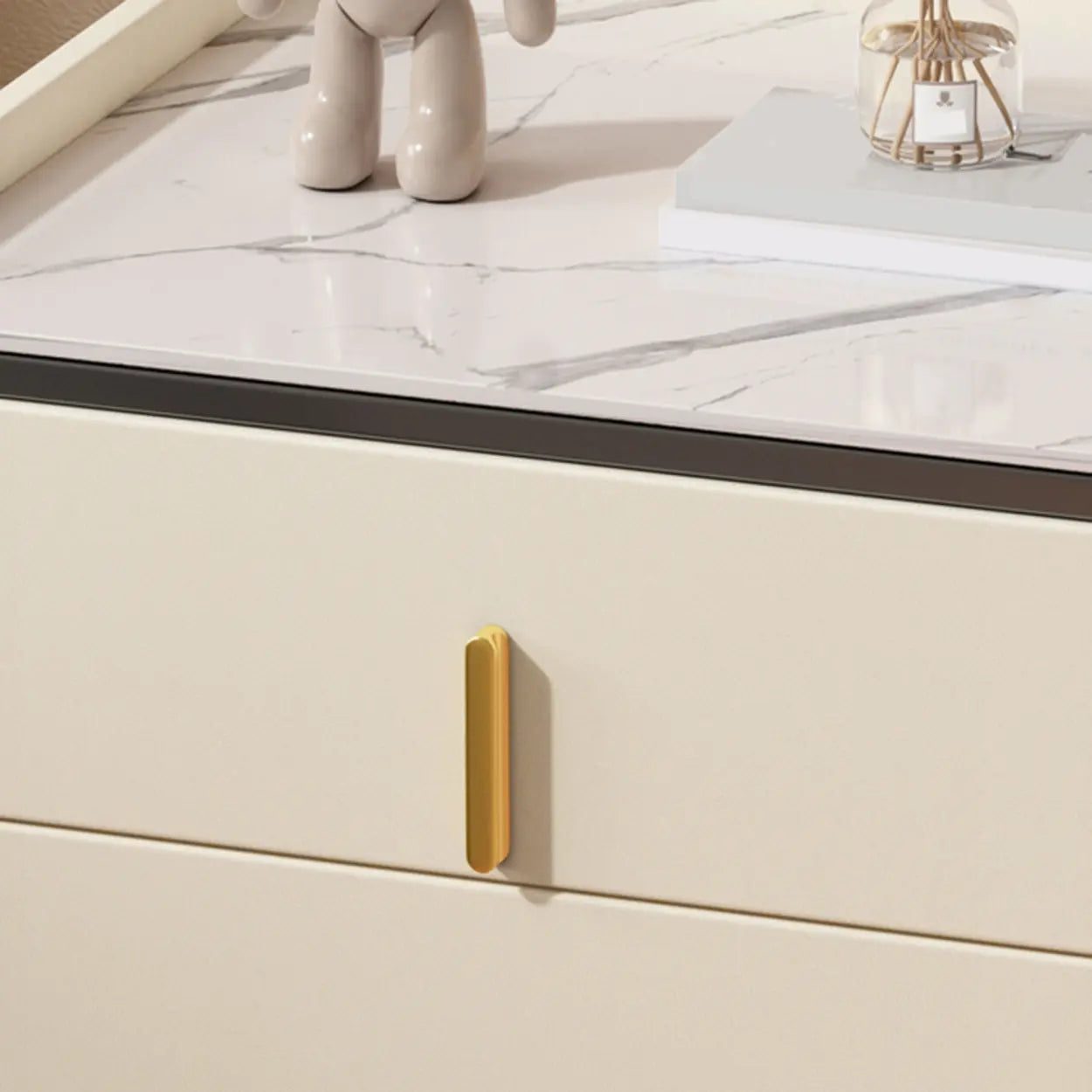 Modern White Stone Top Storage Nightstand — Off-White
