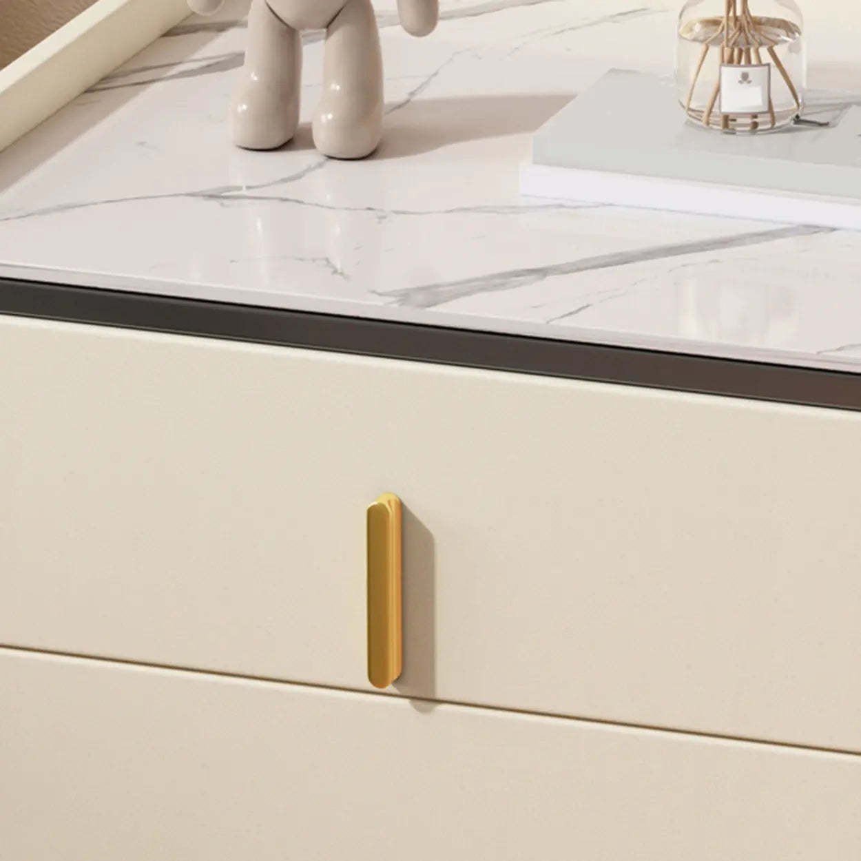 Modern White Stone Top Storage Nightstand — Off-White