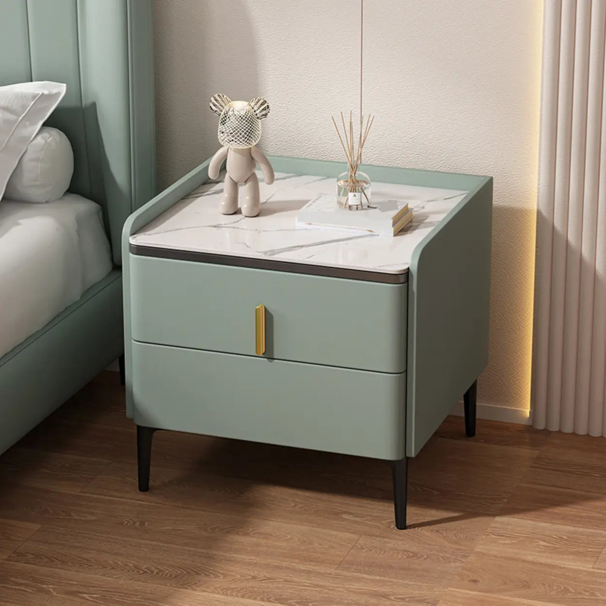Modern White Stone Top Storage Nightstand — Khaki