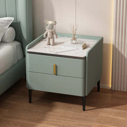 Modern White Stone Top Storage Nightstand — Khaki