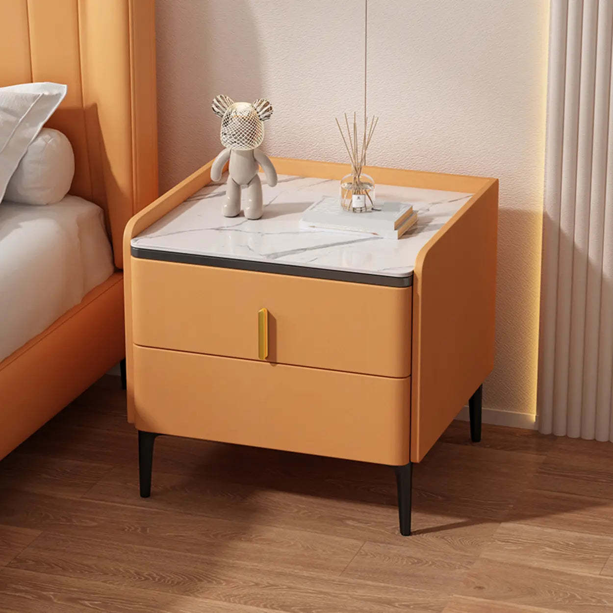 Modern White Stone Top Storage Nightstand — Orange