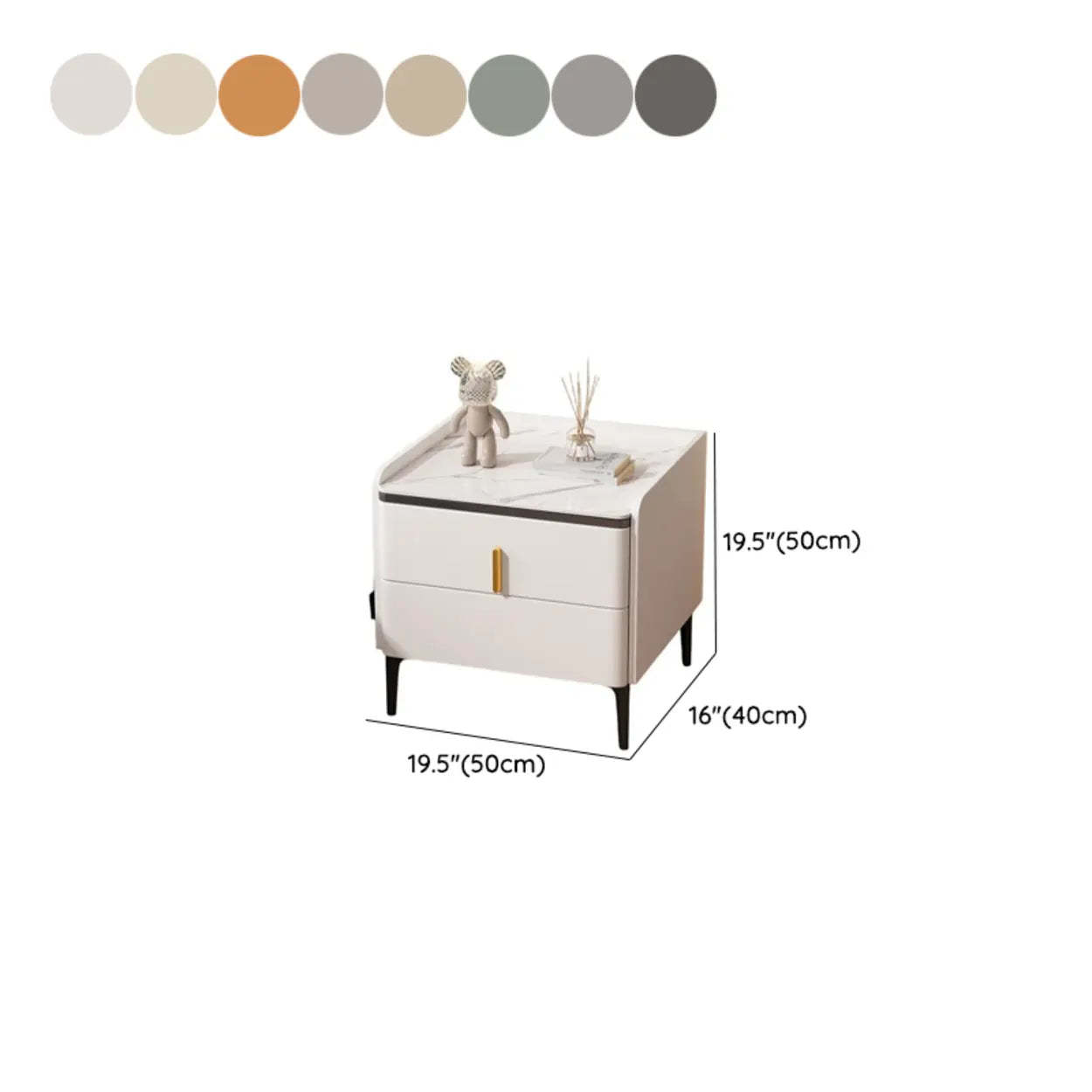 Modern White Stone Top Storage Nightstand — Off-White