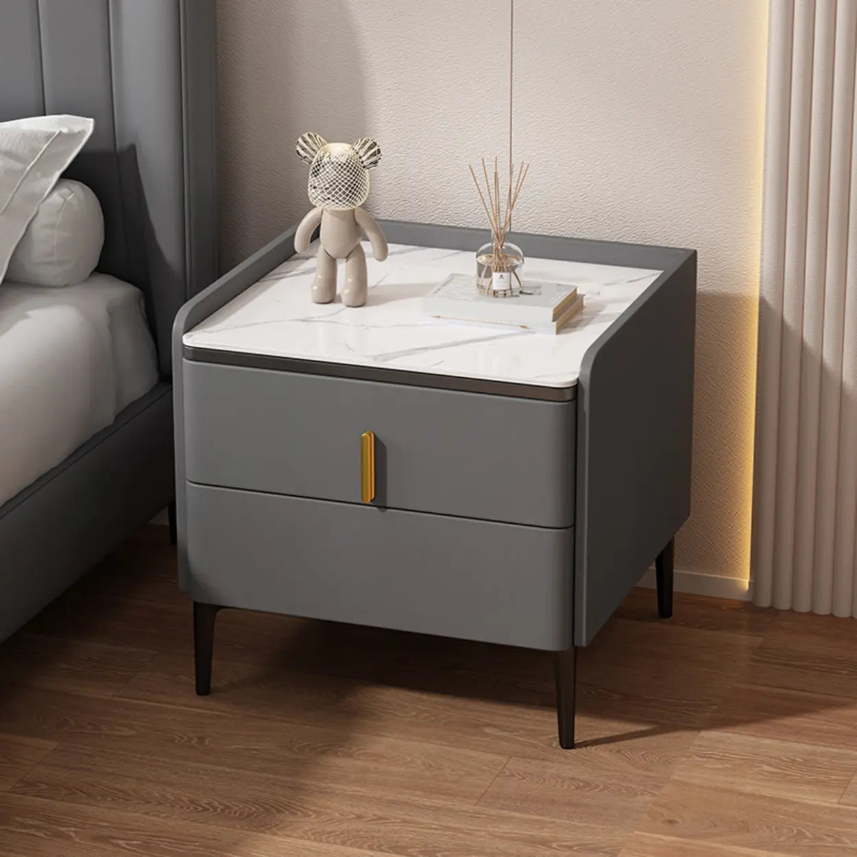 Modern White Stone Top Storage Nightstand — Khaki