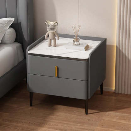 Modern White Stone Top Storage Nightstand — Khaki