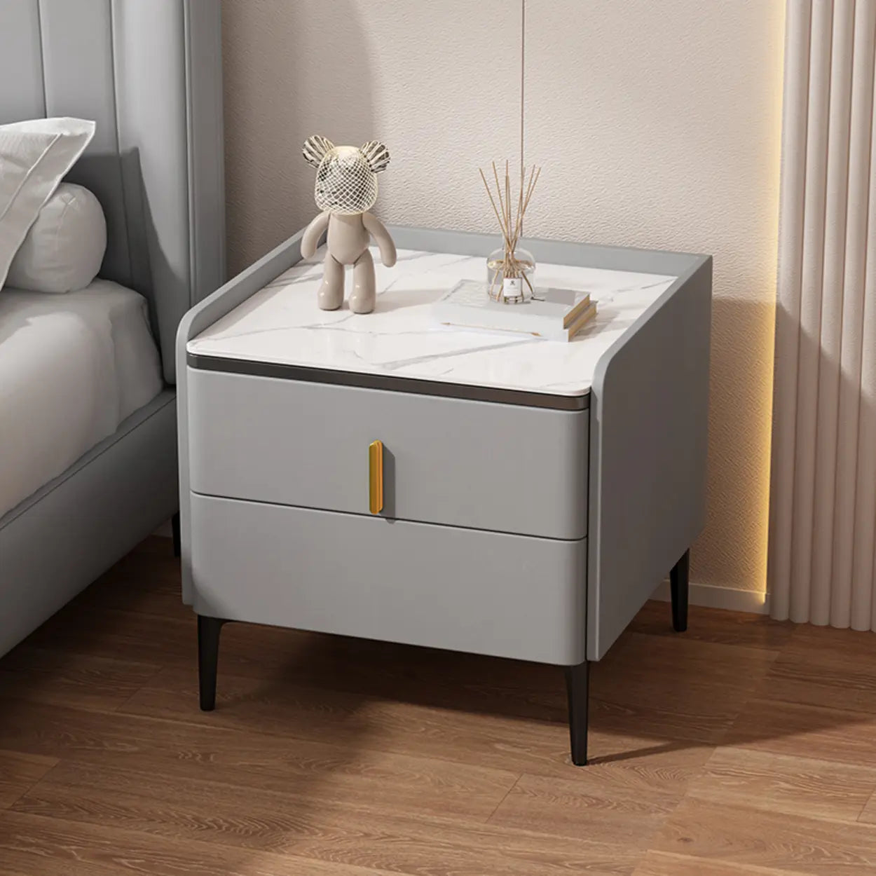Modern White Stone Top Storage Nightstand — Orange