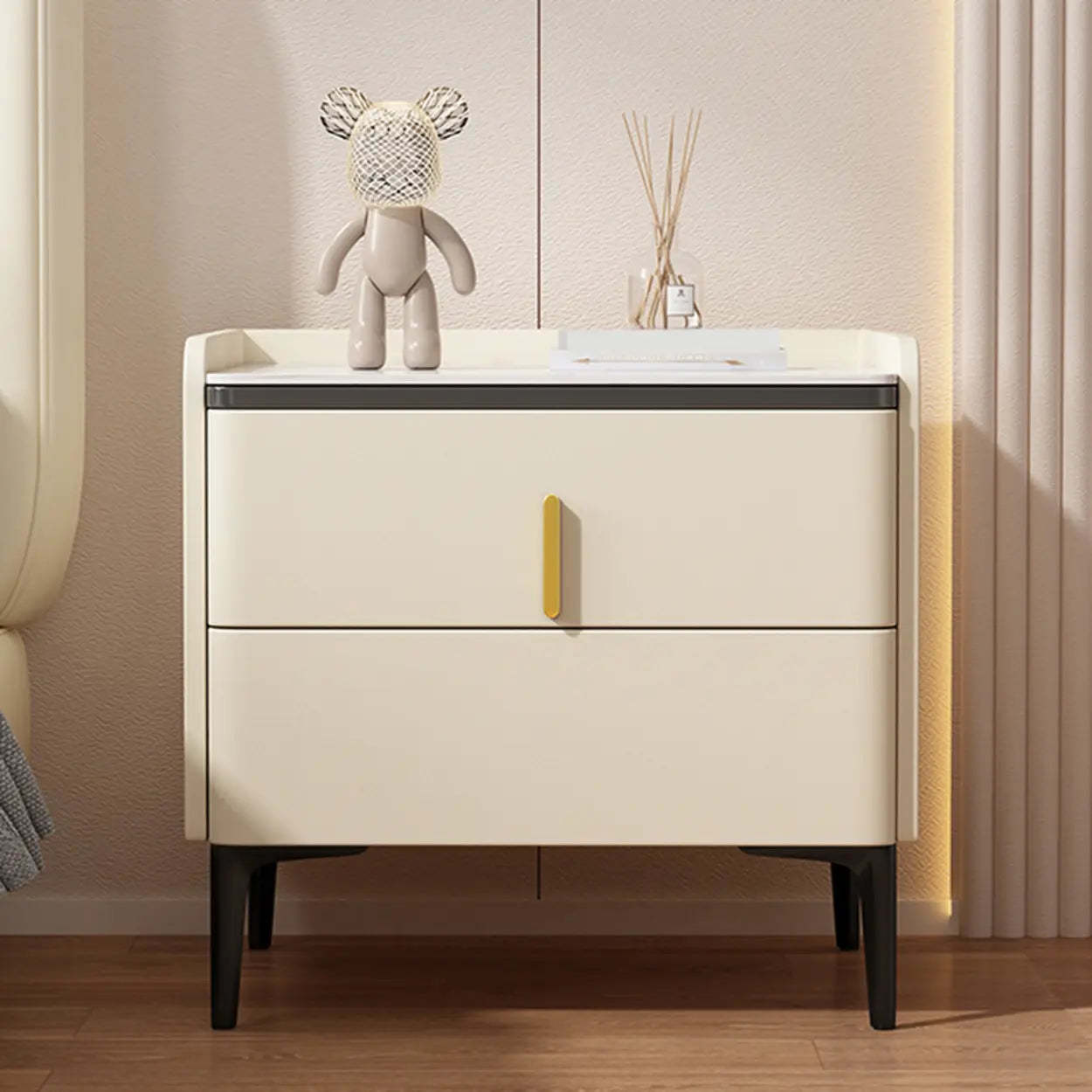 Modern White Stone Top Storage Nightstand — Cream Gray