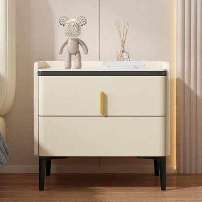 Modern White Stone Top Storage Nightstand — Cream Gray