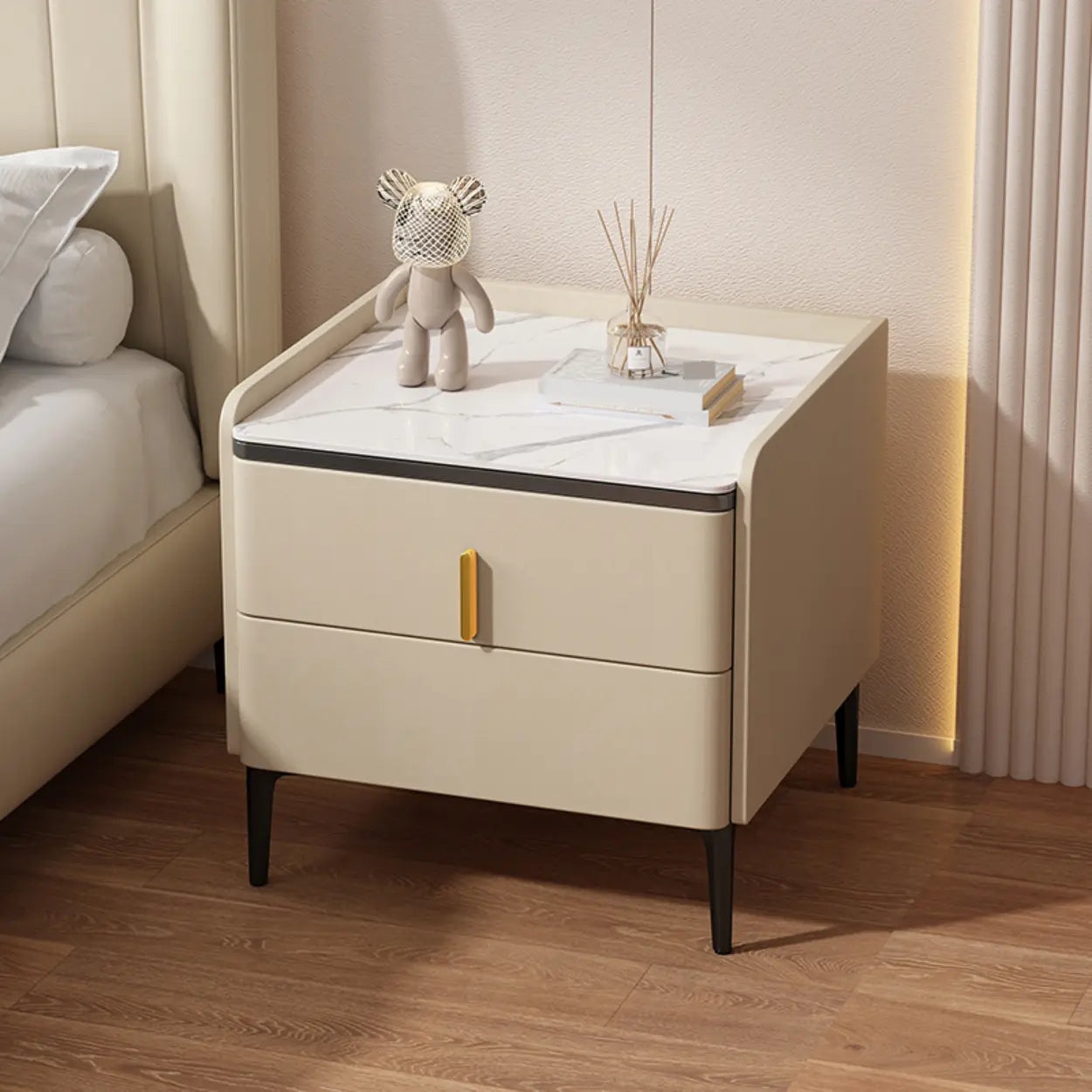 Modern White Stone Top Storage Nightstand — Dark Gray