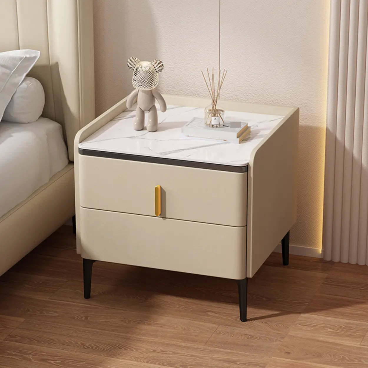 Modern White Stone Top Storage Nightstand — Dark Gray