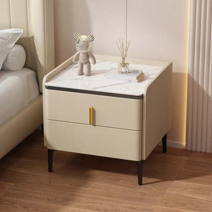 Modern White Stone Top Storage Nightstand — Dark Gray