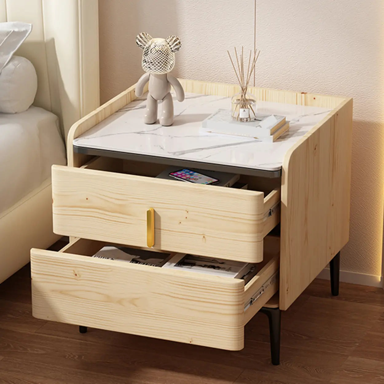 Modern White Stone Top Storage Nightstand — Light Gray