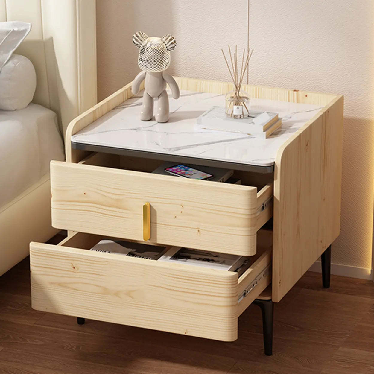 Modern White Stone Top Storage Nightstand — Light Gray
