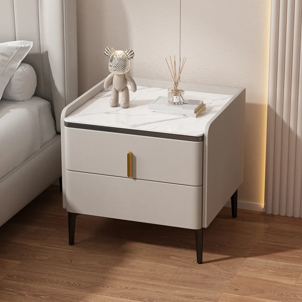 Modern White Stone Top Storage Nightstand — White